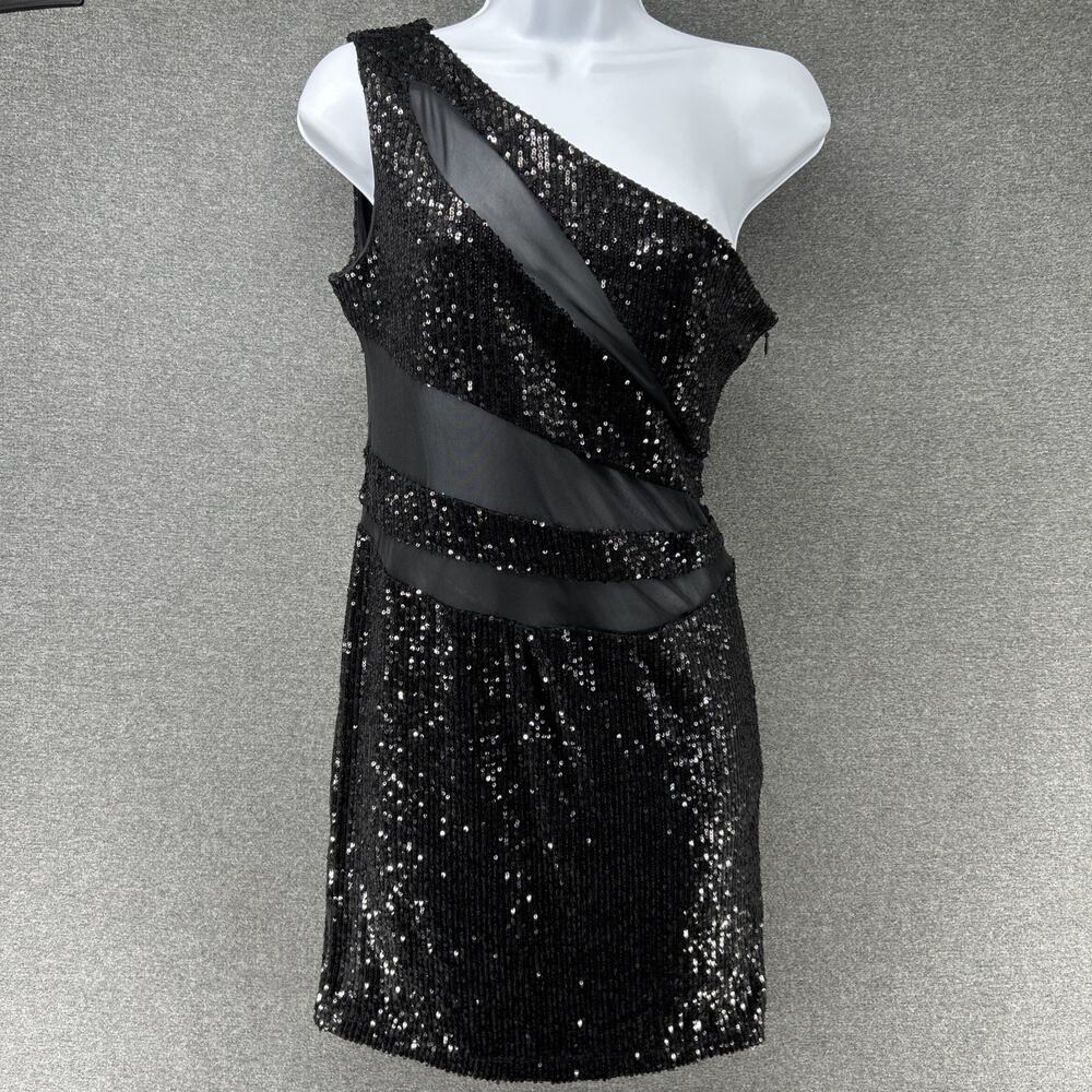 NWT Fashion Nova Sequin One Shoulder Mini Dress Women Medium Mesh Cut Outs Black